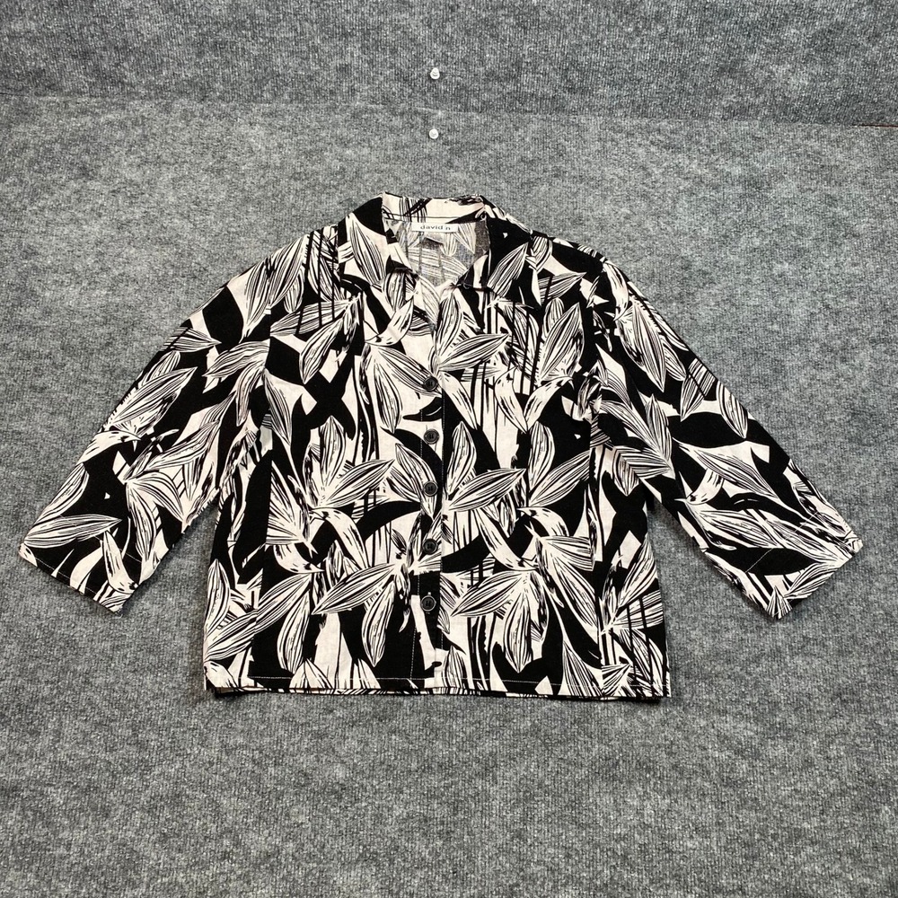 David N Womens Linen Blend Tropical Leaf Print 3/4 Sleeve Button Up Shirt M